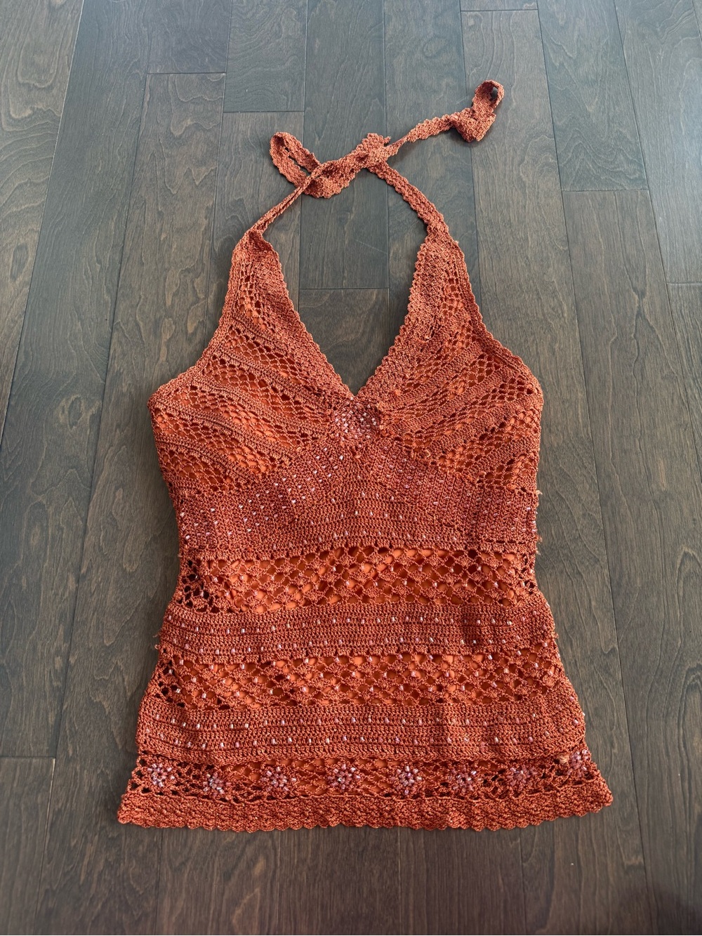 le chateau Rust Orange Crochet Halter Camisole
